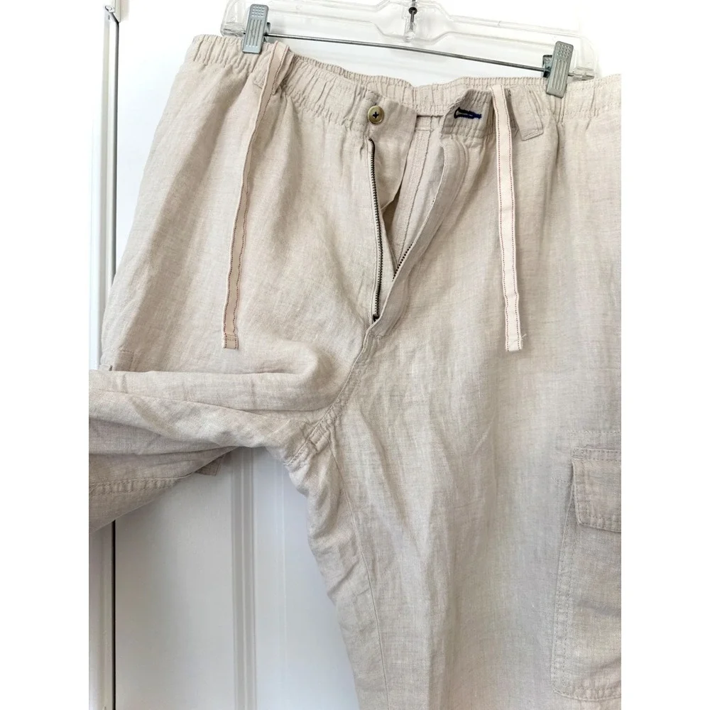 Caribbean Mens 100% Linen Cargo Pants 38x30 Beige Oatmeal Elastic Waist Relaxed